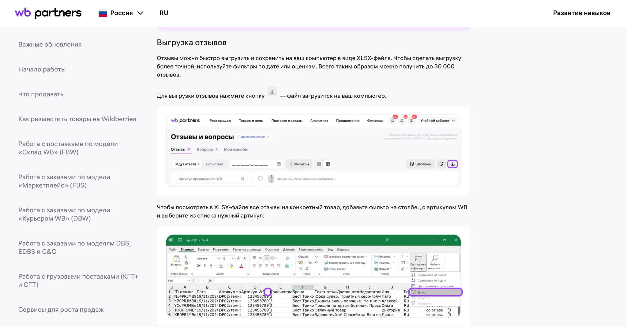 Выгрузка отзывов из Wildberries